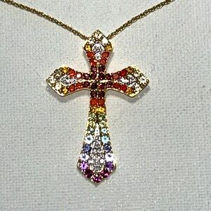 Chuck Clemency Multi Gemstone Gold Plated Sterling Silver Cross Necklace Boho